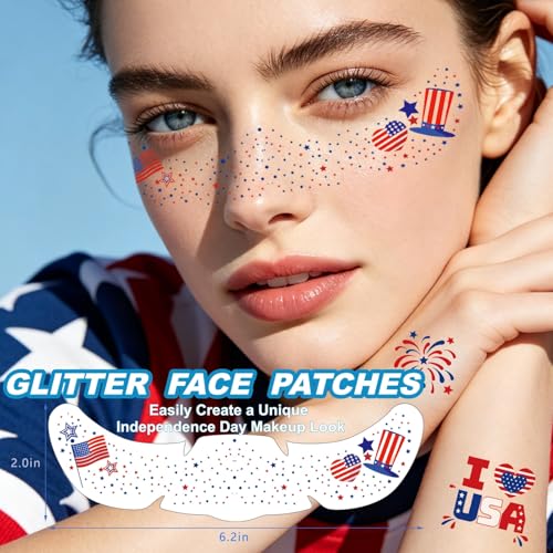 40 Pcs Patriotic Temporary Tattoos - Glitter Freckles & Stickers