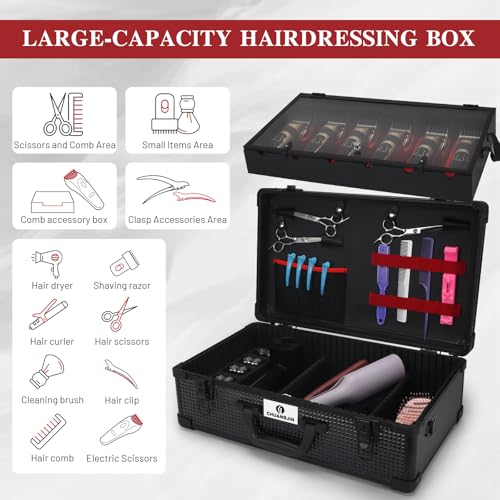 CHUANGJIN Black Large Barber Carrying Case with Removable Tray, Travel Hairdresser Toolbox