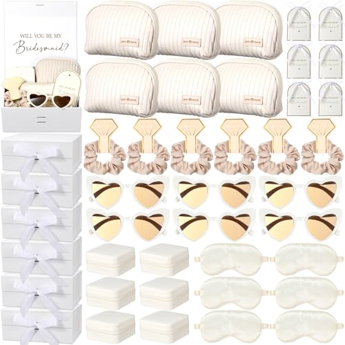 43 Pcs Bridesmaid Proposal Gifts Set of 6 Bridesmaid Boxes Bulk Will You Be My Maid of Honor Gift with Makeup Bag Case Eye Mask Glasses Hair Scrunchies Gift Box for Wedding Bride Shower(Beige)
