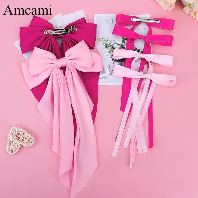 AMCAMI Hair Clips - 6 PCS Hair Bows for Women, Hair Accessories for Girls, Ribbon for Hair Satin Material, Bow Hair Clips for Styling, Red & Pink