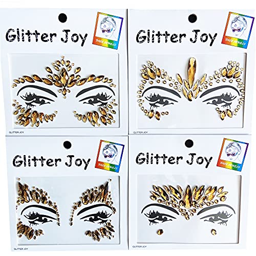 Face Gems Jewels, Festival Face Jewels Tattoo Stickers,Face Gems Stick on, Body Gem Stones Temporary Face Tattoos for Festival,4-Pack,Light-Coffee