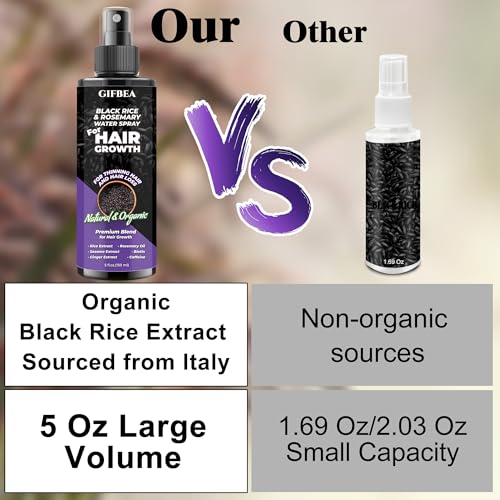 GIFBEA Organic Black Rice Water Hair Growth Serum Spray 5oz with Rosemary & Biotin