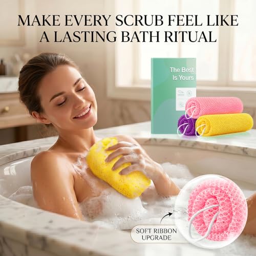 African Net Sponge 3-Pack - Deep Cleansing Exfoliating Body Scrubber in Yellow, Pink, Purple - Reusable Shower Sponge for All Skin Types