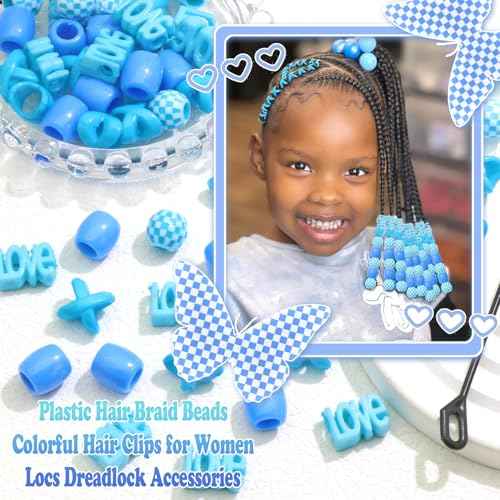NAISKA 60Pcs Loc Hair Beads Dreadlock Jewelry for Braid Multi Shape Blue Beads Hair Clips Dreadlock Accessories Acrylic Hair Tube Decoration Hair Cuffs Rings for Women and Girls