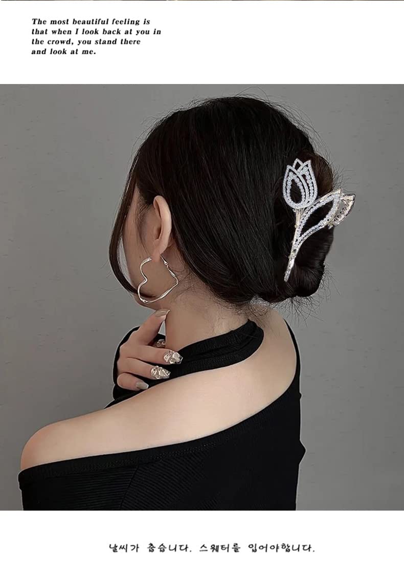 Hair Claw Clip, 3PCS Cute Metal Flower Shark Clip Non Slip Hair Clamp Hair Accessories for Women Girls (Pearltulip-3PCS)