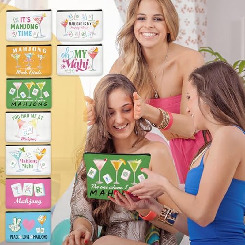 9-Pack Mahjong Cosmetic Bag Set with Zipper - Travel Pouches