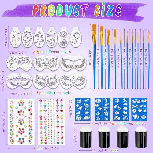 56Pc Face Painting Stencil Kit with Brushes & Gems