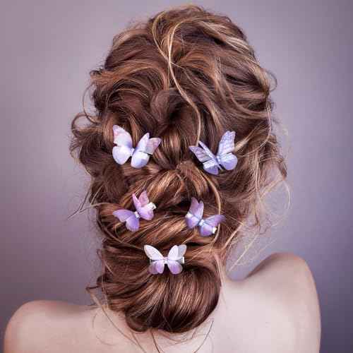 5Pcs Purple Butterfly Hair Clips, Gradient Rhinestone Organza Barrettes Christmas Bachelorette Party Halloween Rave Festival Concert Hair Accessories for Women