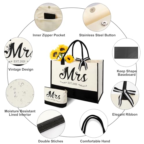 Mrs 2026 Bride Canvas Tote Bag with Makeup Bag, Wedding Gifts for Bridal Shower Bachelorette Party Engagement Honeymoon, Miss to Mrs, Bride to Be Gifts