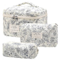 Quilted Makeup Bag, Large Capacity Travel Cosmetic Bag for Women and Girls, Aesthetic Storage for Daily and Travel Use (3pcs-BlackFloral)