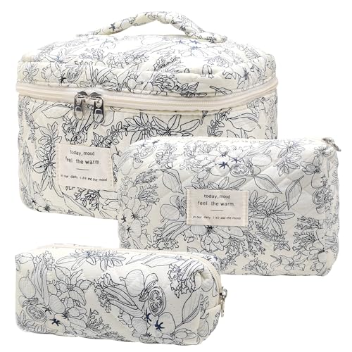 Quilted Makeup Bag, Large Capacity Travel Cosmetic Bag for Women and Girls, Aesthetic Storage for Daily and Travel Use (3pcs-BlackFloral)