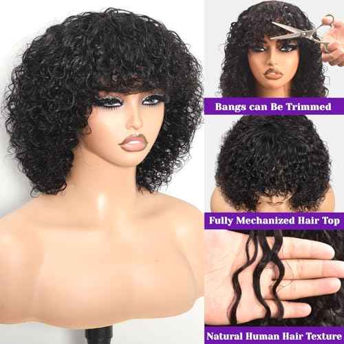 Short Curly Wig With Bangs Human Hair Curly Human Hair Wig With Bangs For Women Glueless 250% Density Water Wave Human Hair Wig With Bangs Natural Black 12Inch
