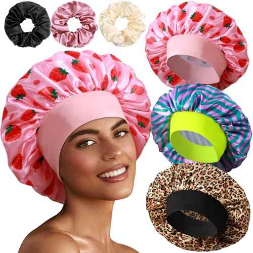 3+3 Large Satin Bonnets with Scrunchies for Women, Wide Band Hair Bonnet for Sleeping Braids Curly Hair
