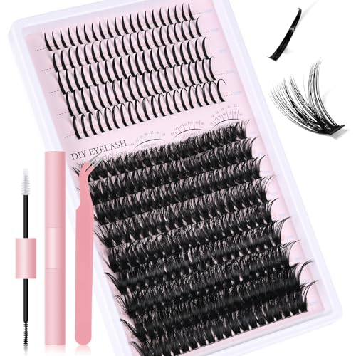 262Pcs Lash Clusters Kit, 80D 12-20mm Volume Eyelash Cluster, 14-22mm Spiky Lashes Extensions, DIY Wispy Fluffy and Spikes Individual Lashes Extension Kit with Lash Bond and Seal, Tweezers