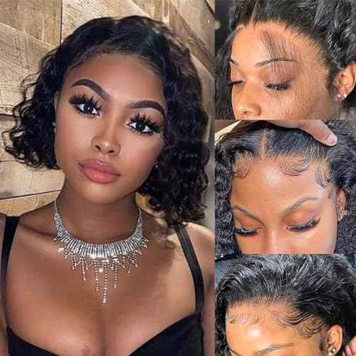 Short Curly Bob Wig Human Hair Deep Wave Bob Wig Lace Front Wigs Human Hair 13x4 Transparent Lace Frontal Wigs for Black Women Glueless Wet and Wavy Lace Front Wigs Human Hair Pre Plucked 14inch