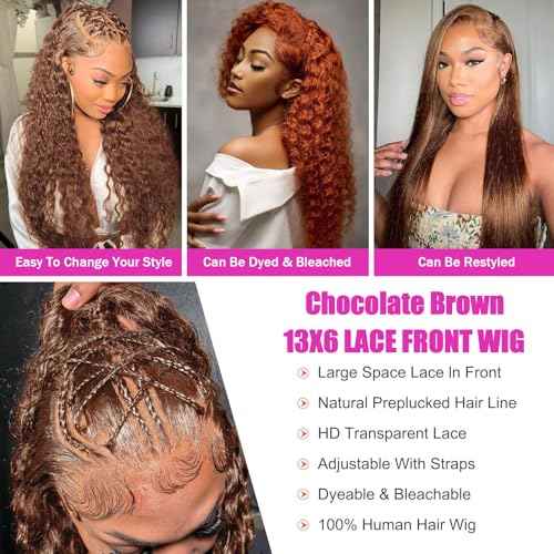 Anderah 30Inch Chocolate Brown Deep Wave Lace Front Wigs Human Hair 200 Density 13x6 HD Lace Frontal Wigs Curly Human Hair Wig For Women Pre Plucked with Natural Hairline 4# Brown Color