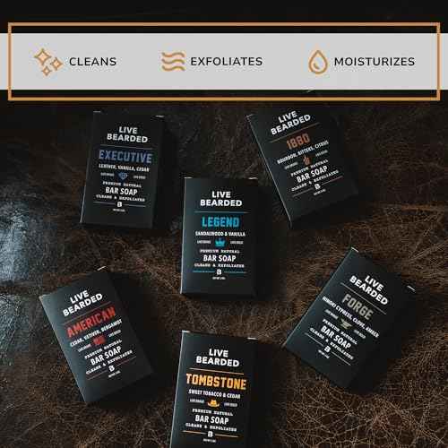 Live Bearded All-Natural Bar Soap for Men, 3-Pack of 5 oz - Made in the USA - Exfoliates and Moisturizes - Charcoal, Pumice, Shea Butter | Forge Scent - Hinoki Cypress, Clove, Amber