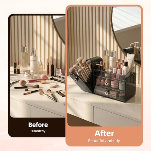 Makeup Organizer with Dustproof Brush Holder & Drawers