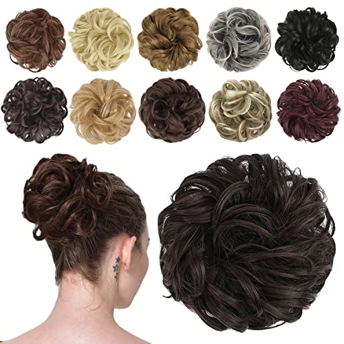 FESHFEN Messy Bun Hair Piece Hair Bun Scrunchies Synthetic Medium Brown Wavy Curly Chignon Ponytail Hair Extensions Thick Updo Hairpieces for Women Girls 1PCS