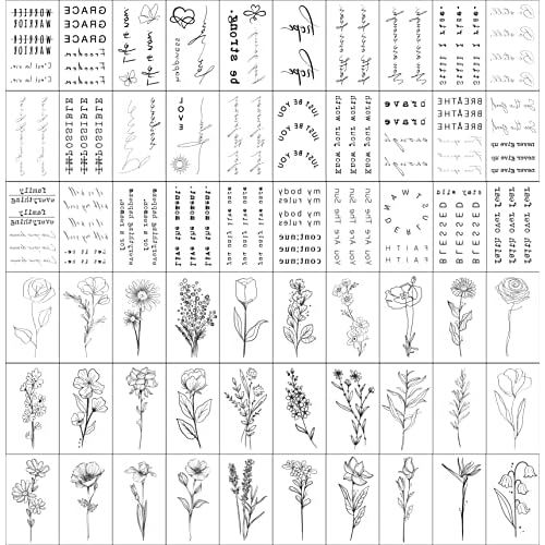 TATUWST Realistic Temporary Tattoos - 60 Sheets Tiny Small Removable Tattoos, 30 Pcs Inspirational Quotes Words Tattoos, 30 Pcs Wild Flower Ink Line Botanical Floral Leaf Tattoo Stickers for Women