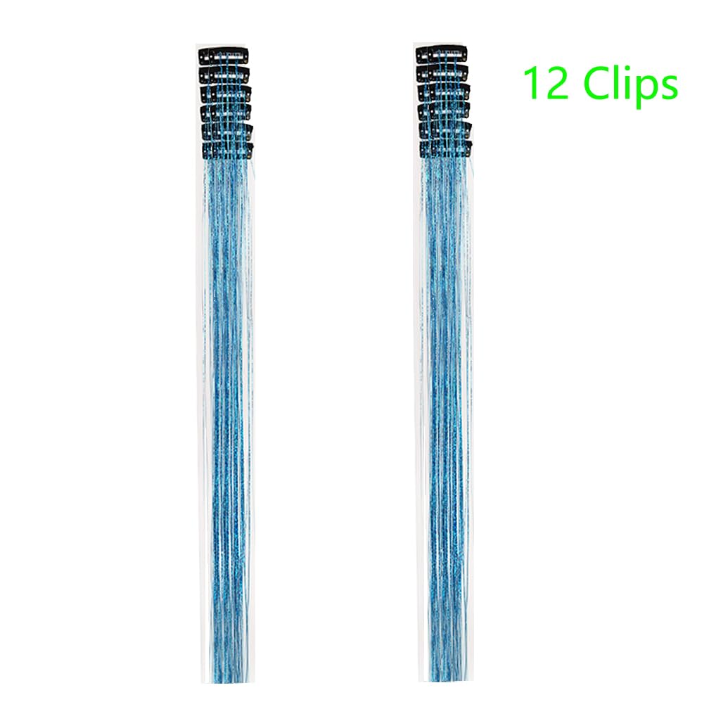 Hair Tinsel Clip in Lake Blue 22 Inch Tinsel Hair Extensions with Clips 12 Pcs Colorful Glitter Tinsel Hair Heat Resistant Sparkling Fairy Hair Accessories for Women Kids Girls