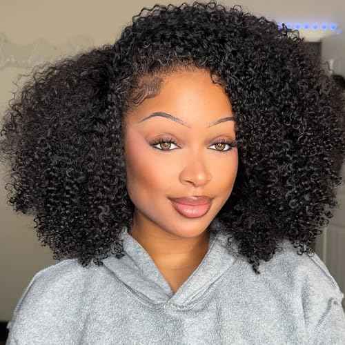 V SHOW Afro Curly 3 In 1 Half Wig Human Hair Elastic Drawstring Wear Go Glueless Kinky Curly Human Hair Half Wigs Friendly To Beginners 180% Density Natural Hairline Flip Over Wig 24Inch