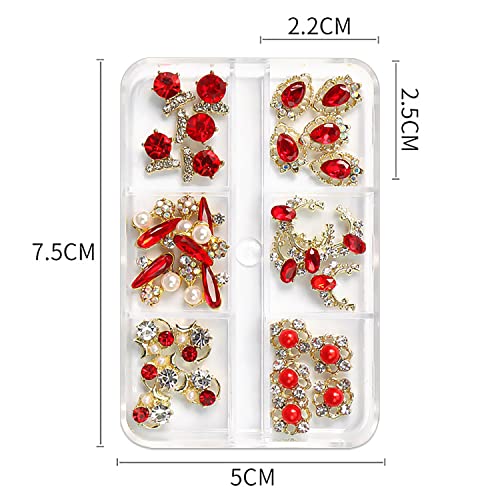 XEAOHESY 30pcs 3D Alloy Gold Nail Charms Red Rhinestones for Nails Gems Jewels Crystal Diamonds for Nails Nail Pearls Diamonds for 3D Nails Art 3D Nail Charms for Acrylic Nails