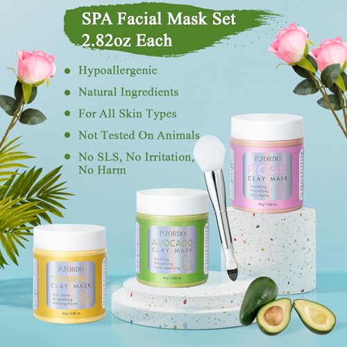 Pjordo Clay Mask Kit, Turmeric Vitamin C Clay Mask, Avocado Clay Mask, Rose Clay Mask, Facial Mask Skin Care Set for Deep Cleansing Reduce Blackheads Dark Spots, Perfect Gifts, 2.82 Oz Each