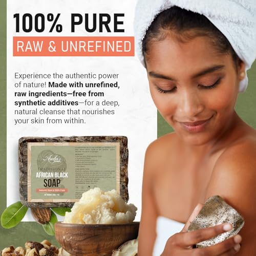 Araba's Shea Traditional African Black Soap ? 100% Raw, Natural & Handmade in Ghana ? With Shea Butter & Coconut Oil ? Deep Cleansing Face Wash & Body Soap for Acne, Dark Spots & Glowing Skin ? 7oz