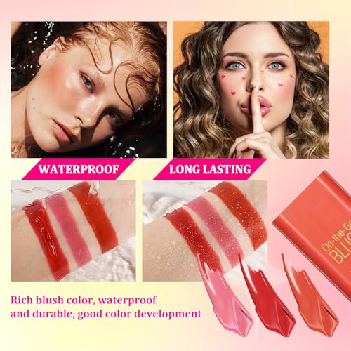 3PCS Blush Stick for Cheeks,Multi-use Solid Matte Makeup Stick Blush Cream for Cheek Eyes and Lips Tint,Moisturizing Tinted Cream Blush,Natural Blendable Cheek Blusher with 3 Makeup Sponges