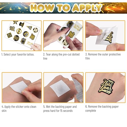 Happy New Year 2026 Temporary Tattoos Stickers ? 96PCS Gold New Year¡¯s Eve Party Favors, Decorations, Countdown Celebration Supplies, Holiday Festival Accessories Gifts for Kids and Adults