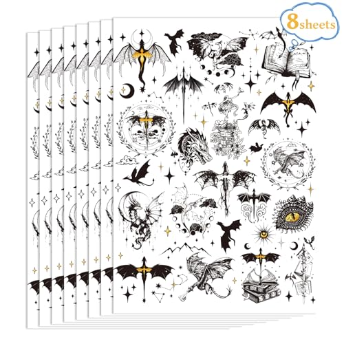 Black Wings Dragon Temporary Tattoos - 200+ Dragon Birthday Party Decorations Favors Supplies Dark Mysterious Ancient Animals Tattoo Stickers for Kids Boys Girls Dragons Goodie Bags Fillers Gifts