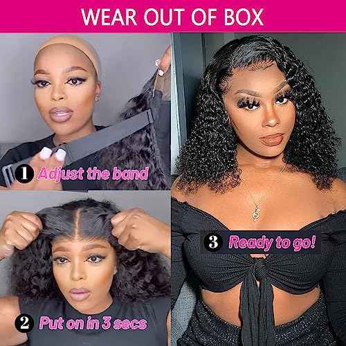 GOLFMAX Glueless Wigs Human Hair Pre Plucked Pre Cut 4X4 Lace Closure Bob Wig Human Hair Deep Wave Curly Short Bob Wig 14 Inch Wet and Wavy Lace Front Wigs With Elastic Band