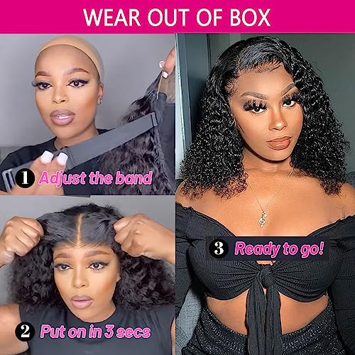 GOLFMAX Wear and Go Glueless Wigs Human Hair Pre Plucked Pre Cut Short Bob Wigs With Elastic Band For Black Women Deep Wave Curly 4x4 Closure Wig Water Wave Wigs Human Hair 12 Inch