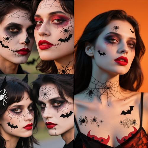 Halloween Nipple Covers 8 Pairs & Temporary Tattoos Kit - Bat, Skeleton, Pumpkin Spider Pasties with Gothic Face Stickers | Latex-Free Body Adhesive | Party Rave Cosplay Costume Accessories