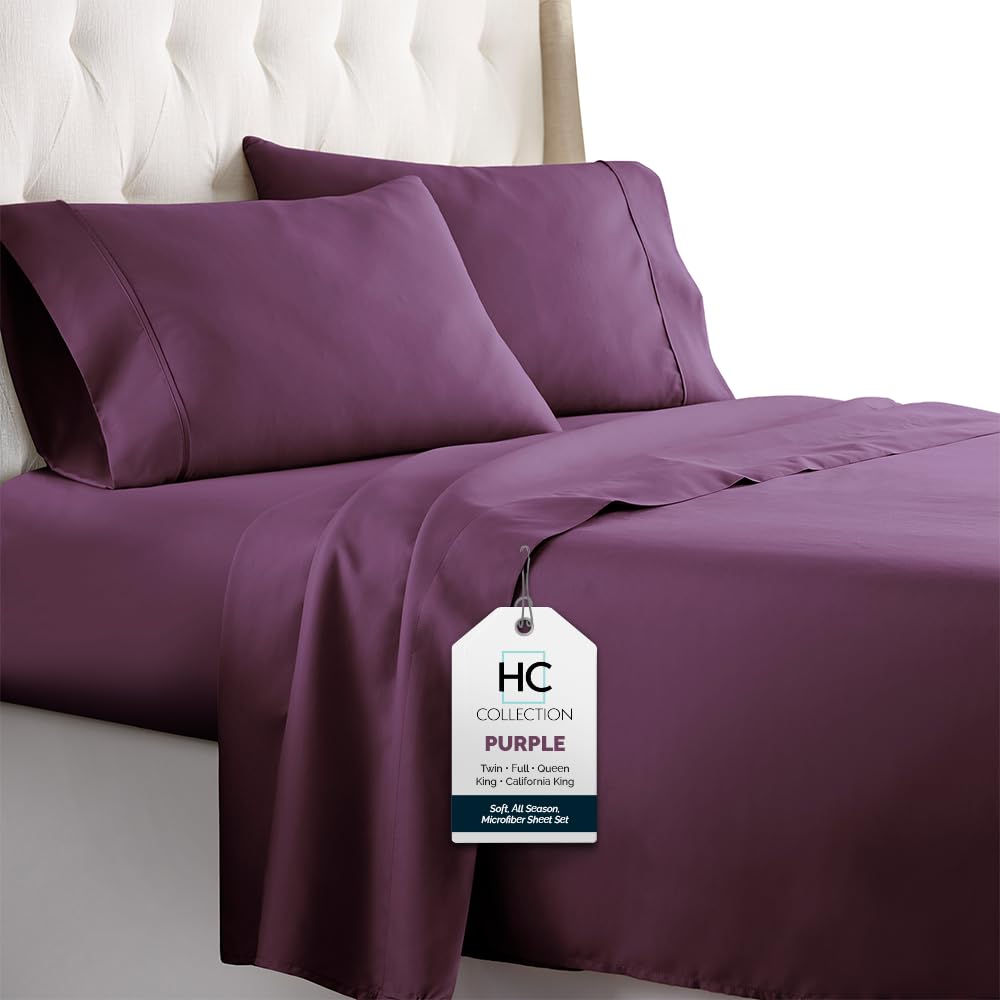 Twin Sheets Set, 3 pc Bed Sheets & Pillowcase Set - Machine Washable for Easy Care - Soft & Breathable All Season Microfiber Sheets with Deep Pockets - Purple