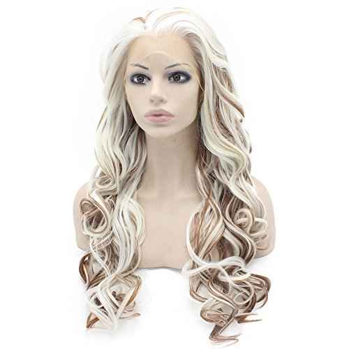 MX angel Long Wavy Heat Resistant Fiber Synthetic Lace Front White Auburn Mix Natural Wig