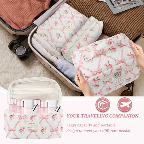 Large Quilted Makeup Bag Set for Women & Girls - Floral Cotton Cosmetic Organizer, Travel Toiletry Bags with Bows