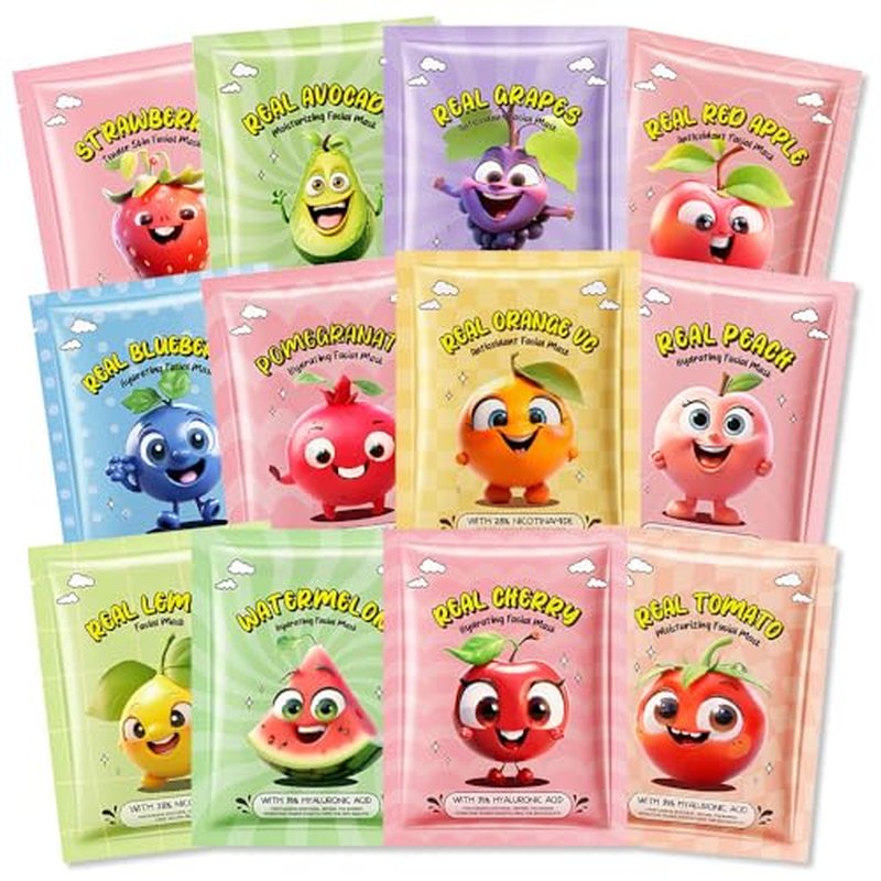 evpct 12-Pack Fruit Sheet Face Facial Masks for Women Skincare Spa, Facial Spa Day Slumber Sleepover Birthday Party Favors Supplies, Natural Ingredients, Hydrate and Soothe for All Skin Types, SetA01