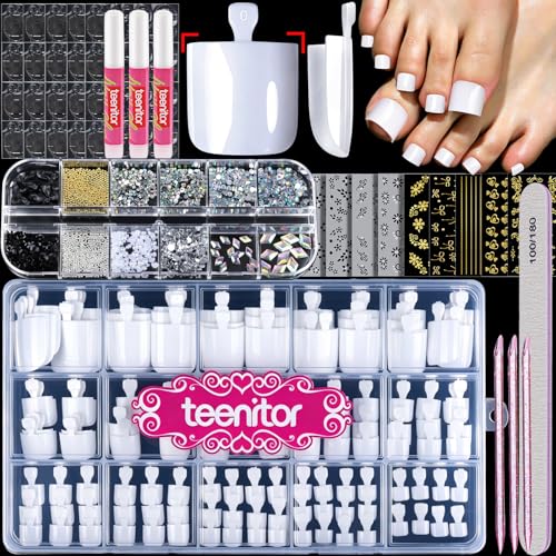 Square White Press On Toenails Kit, 15 Sizes with Glue