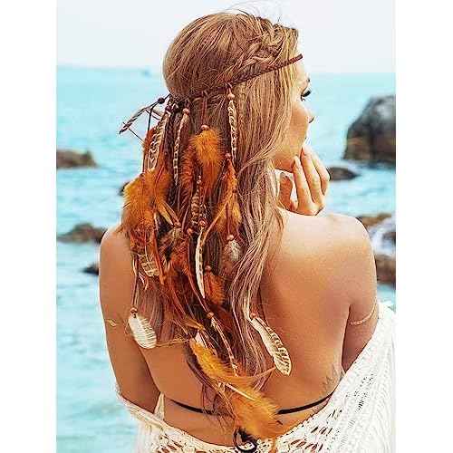Boho Festival Feather Headband Bohemian Gypsy Long Hair Accessories with Beads Hippie Headpiece for Women (Pattern 1)
