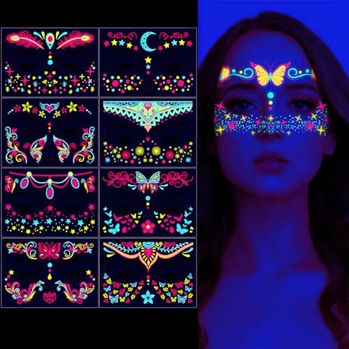 Glow in the Dark Face Tattoo Stickers - 8 Fluorescent Designs