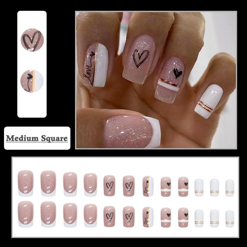 BAOYAALIN Press on Nails Medium Square French White Fashion Fake Nails with Heart Design Full Cover Press ons Artificial Acrylic False Stick on Nail for Women Girls Daily Wear Wedding Manicure 24Pcs