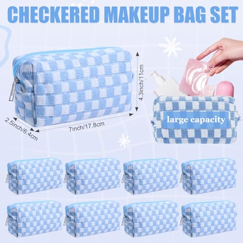 Giesiery 8-Pack Blue Checkered Makeup Bags - Travel Toiletry Pouches
