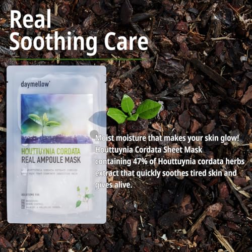 daymellow Sheet Mask 5PACK, Houttuynia Cordata Real Ampoule Masks, Face Sheet Mask, Heartleaf, Panthenol, Tea Tree, Hydrating, Acne, Soothes, Redness, Deep Moisturizing, Korean Skincare