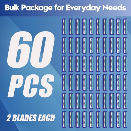 Twin Blade Disposable Razors for Men & Women ? Bulk 60 Pack Stainless Steel Shavers with Lubricating Strip, Safety Cap & Non-Slip Handle for Sensitive Skin, Travel, Hotel, Charity ? Blue