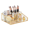 Glamlily Glass Makeup Organizer with Gold Trim for Vanity, Cosmetic Storage (10.2 x 7.5 x 3.5 In) - Makeup Storage