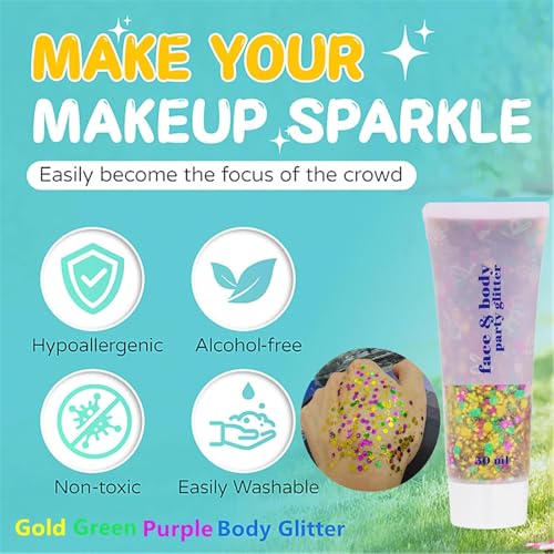 Go Ho Face Body Glitter Gel,Mardi Gras Outfit for Women and Kids,Sparkly Holographic Party Festival Rave Mardi Gras Accessories for Carnival,Gold Green Purple Chunky Glitter Makeup,52g