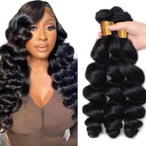 WuvuSnm Brazilian Loose Deep Wave Hair Bundles 1B Natural Black 22-26 Inch