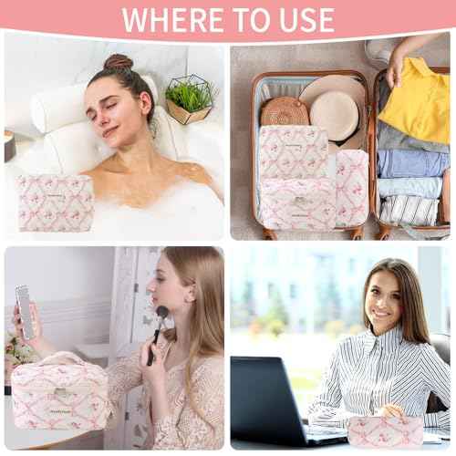 3PCS Cotton Quilted Floral Makeup Bag Set for Women Girls, Cute Make Up Bags with Brush Pockets, Large Wide-Open Toiletry Pouch Gifts for Toiletries Accessories Travelling Essentials